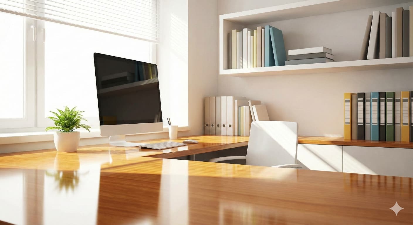 Neatly made bed in a freshly cleaned bedroom