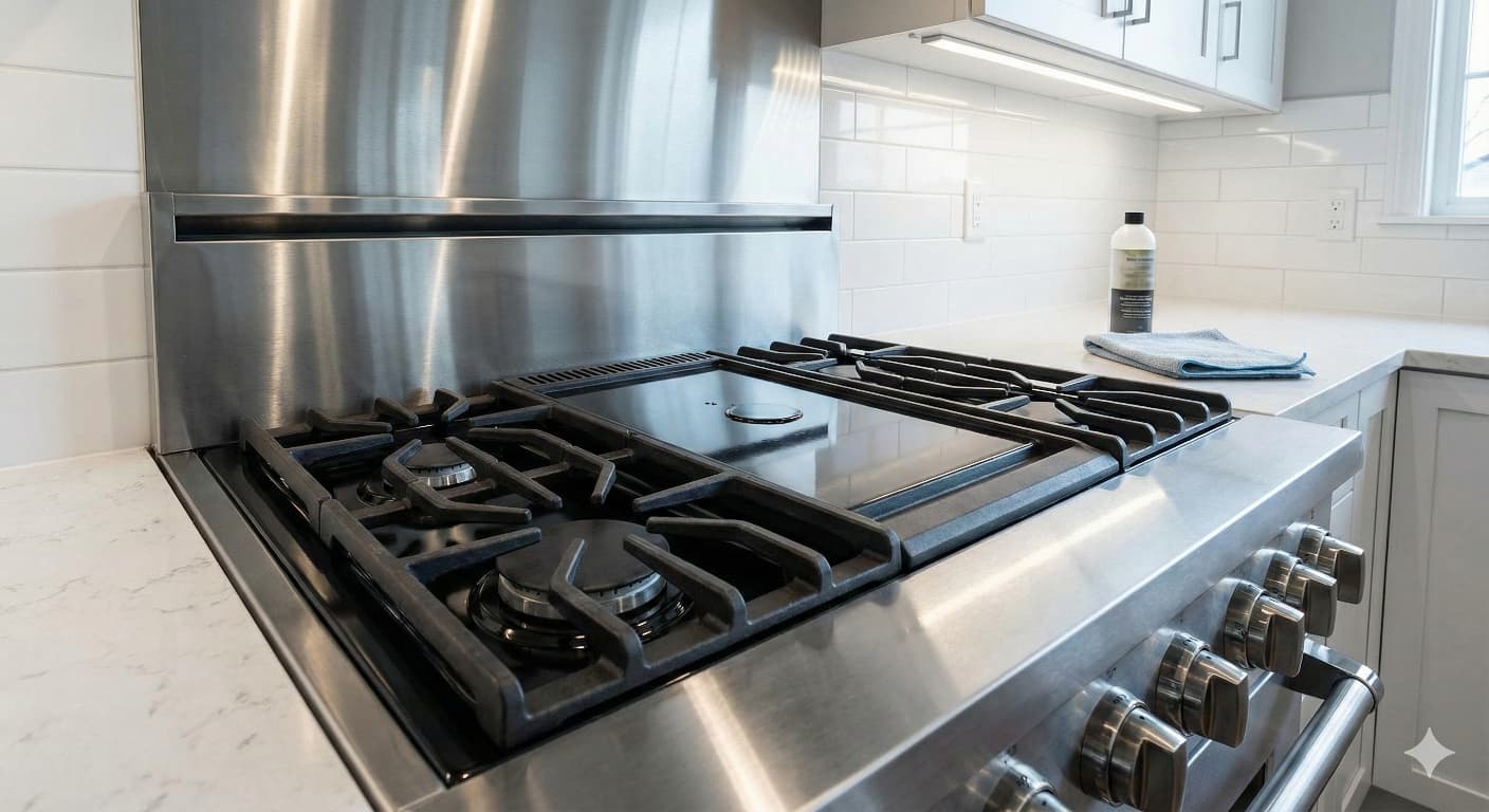 Close-up of a shiny kitchen faucet after cleaning